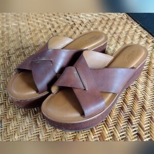 Kork-Ease Sabrina Brown Leather Criss Cross Cork Platform Sandals